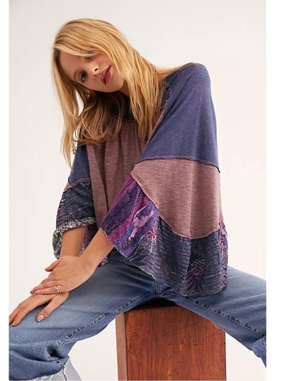 We the Free Boho Patchwork Bell Sleeve‎ Top Size Small A00358